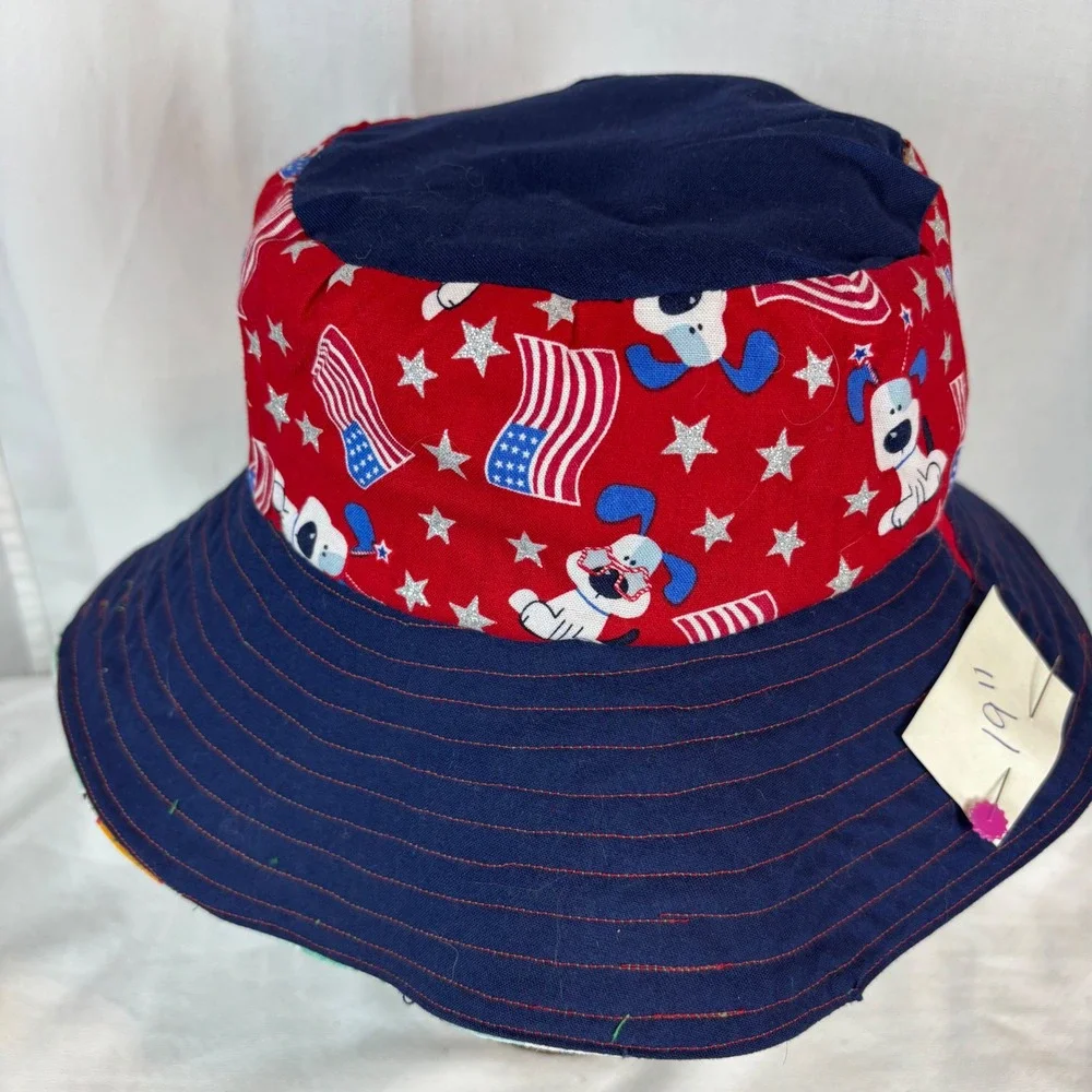 Kids Reversible Bucket Hat Patriotic Americana Surfing Dogs Sun Hat 19 Inch